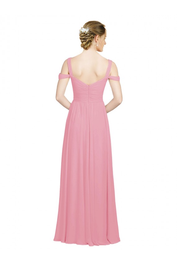 Site de Comprimento Chão Sem Mangas Chiffon Pele Rosa Linha A Sem Mangas Fora do Ombro Vestidos de Madrinha