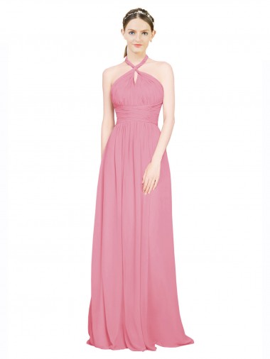 Site de Comprimento Chão Sem Mangas Chiffon Pele Rosa Linha A Sem Mangas Decote V Vestidos de Madrinha