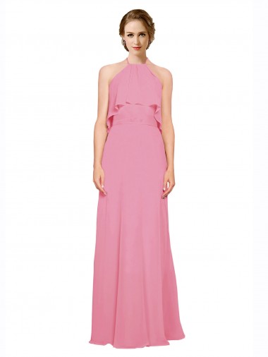 Site de Comprimento Chão Sem Mangas Chiffon Pele Rosa Linha A Sem Mangas Decote Alto Vestidos de Madrinha
