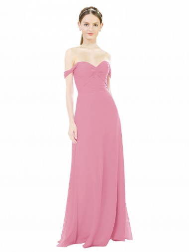 Site de Comprimento Chão Mangas Curtas Chiffon Pele Rosa Linha A Vestidos de Madrinha