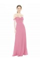 Site de Comprimento Chão Mangas Curtas Chiffon Pele Rosa Linha A Vestidos de Madrinha