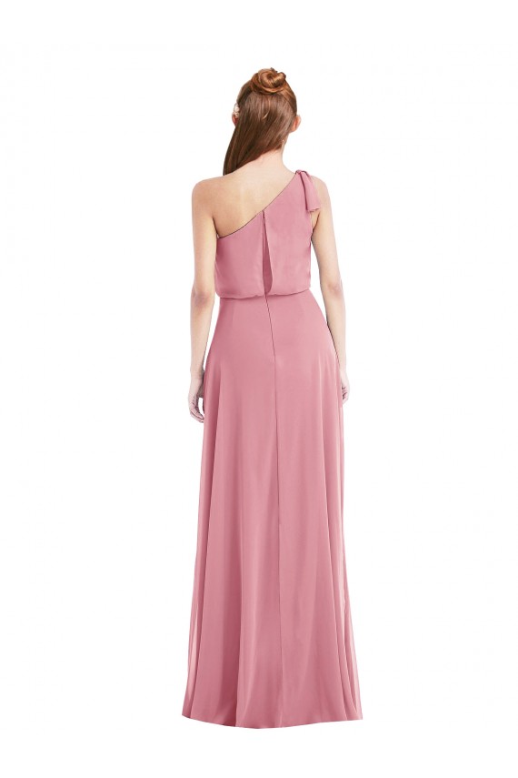Site de Comprimento Chão Sem Mangas Chiffon Pele Rosa Linha A Sem Mangas Um Ombro Vestidos de Madrinha