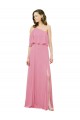 Site de Comprimento Chão Sem Mangas Chiffon Pele Rosa Linha A Vestidos de Festa
