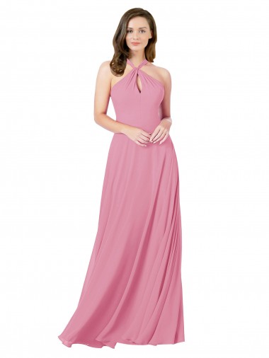 Site de Comprimento Chão Sem Mangas Chiffon Pele Rosa Linha A Vestidos de Madrinha / Vestidos de Festa