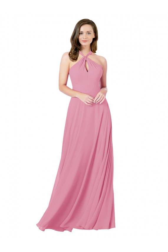 Site de Comprimento Chão Sem Mangas Chiffon Pele Rosa Linha A Vestidos de Madrinha / Vestidos de Festa