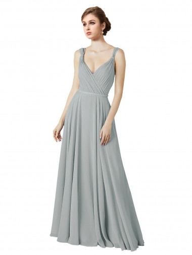 Site de Comprimento Chão Sem Mangas Chiffon Prata Linha A Vestidos de Madrinha