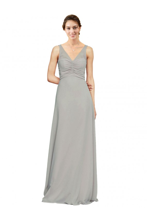 Site de Comprimento Chão Sem Mangas Chiffon Prata Linha A Vestidos de Festa