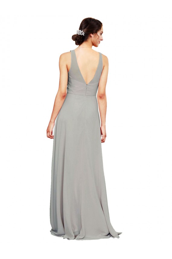 Site de Comprimento Chão Sem Mangas Chiffon Prata Linha A Vestidos de Festa