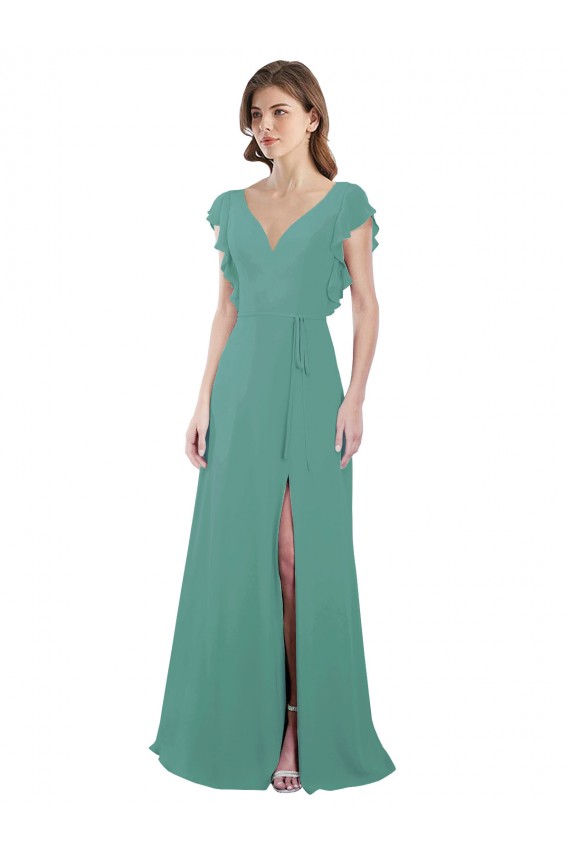 Site de Comprimento Chão Mangas Curtas Chiffon Prata Islandesa Linha A Vestido de Madrinha