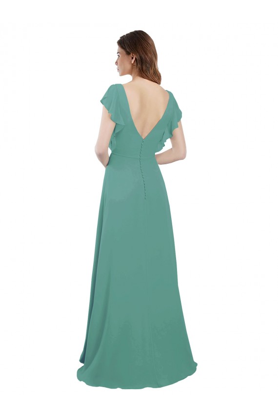 Site de Comprimento Chão Mangas Curtas Chiffon Prata Islandesa Linha A Vestido de Madrinha