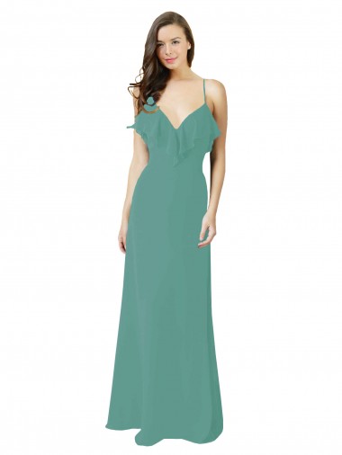 Site de Comprimento Chão Sem Mangas Chiffon Prata Islandesa Linha A Sem Mangas Alças finas Vestidos de Madrinha