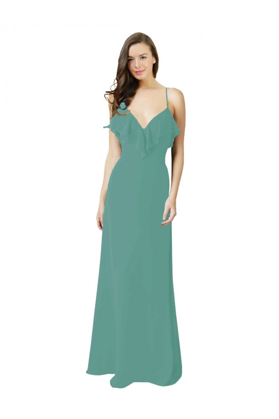 Site de Comprimento Chão Sem Mangas Chiffon Prata Islandesa Linha A Sem Mangas Alças finas Vestidos de Madrinha