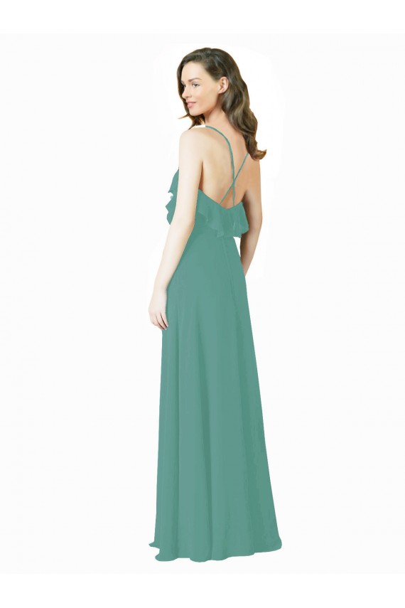 Site de Comprimento Chão Sem Mangas Chiffon Prata Islandesa Linha A Sem Mangas Alças finas Vestidos de Madrinha