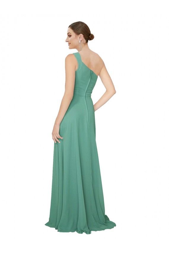 Site de Comprimento Chão Sem Mangas Chiffon Prata Islandesa Linha A Sem Mangas Um Ombro Vestidos de Madrinha