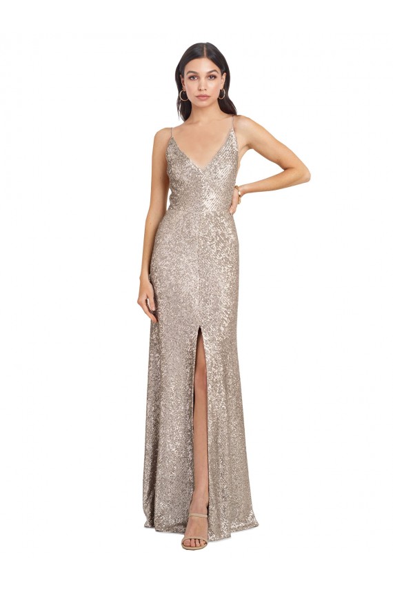 Site de Comprimento Chão Sem Mangas Lantejoulas & Lantejoulas Espumantes Prata Bainha Sem Mangas Vestidos de Madrinha / Vestidos de Noite / Vestidos de Festa