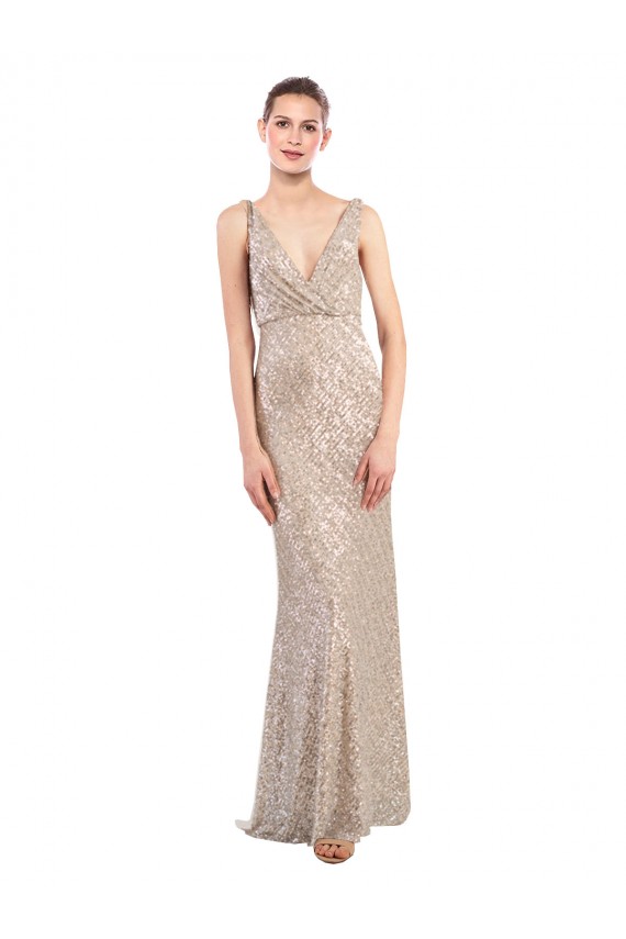 Site de Comprimento Chão Sem Mangas Lantejoulas & Lantejoulas Espumantes Prata Bainha Vestidos de Madrinha / Vestidos de Noite / Vestidos de Festa