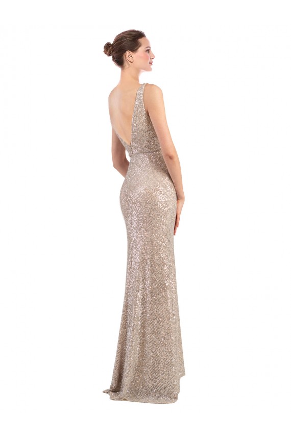 Site de Comprimento Chão Sem Mangas Lantejoulas & Lantejoulas Espumantes Prata Bainha Vestidos de Madrinha / Vestidos de Noite / Vestidos de Festa
