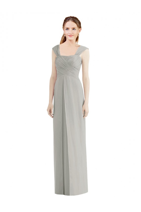 Site de Comprimento Chão Sem Mangas Chiffon Prata Linha A Sem Mangas Barco Vestidos de Madrinha