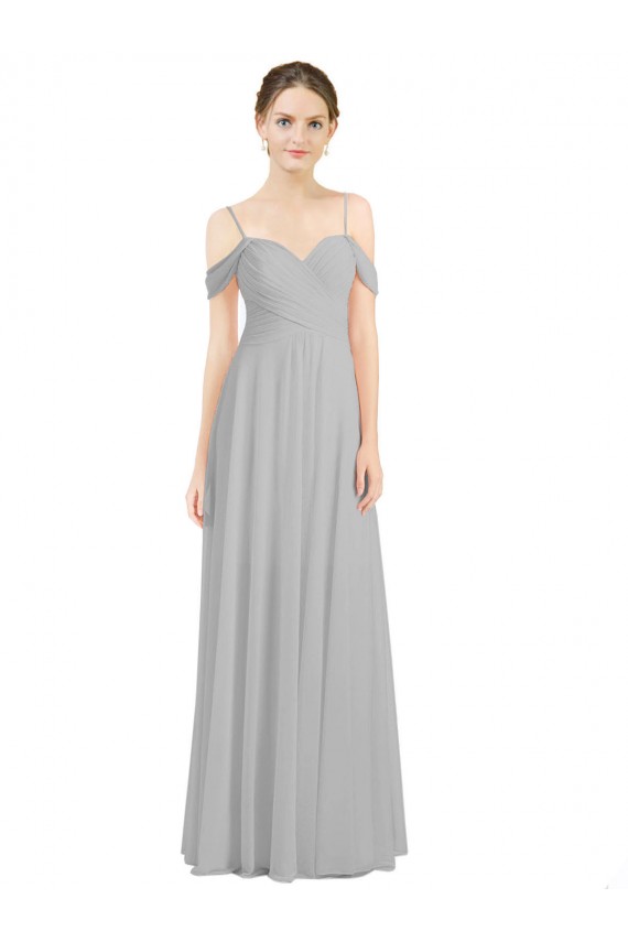Site de Comprimento Chão Sem Mangas Chiffon Prata Linha A Sem Mangas Fora do Ombro Vestidos de Madrinha