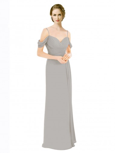 Site de Comprimento Chão Ombro Frio Chiffon & Renda Prata Linha A Vestidos de Madrinha
