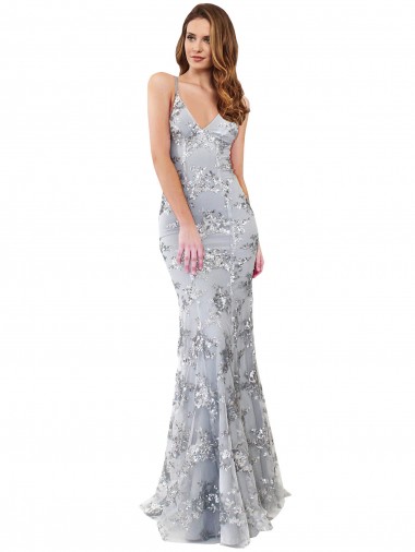 Site de Comprimento Chão Sem Mangas Crepe Esticado & Lantejoulas Tule Prata Sereia Vestidos de Madrinha / Vestidos de Noite / Vestidos de Festa