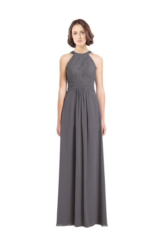 Site de Comprimento Chão Sem Mangas Chiffon & Renda Prata Tempestuosa Linha A Vestidos de Madrinha