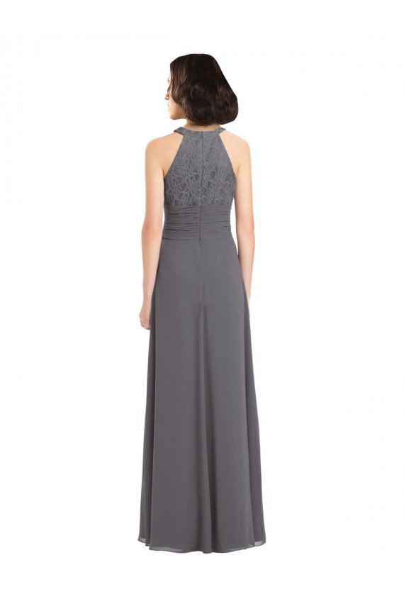Site de Comprimento Chão Sem Mangas Chiffon & Renda Prata Tempestuosa Linha A Vestidos de Madrinha