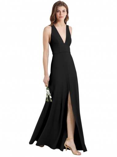 Site de Comprimento Chão Sem Mangas Crepe Esticado Preto Bainha Sem Mangas Cabeçada Vestidos de Madrinha / Vestidos de Noite / Vestidos de Festa