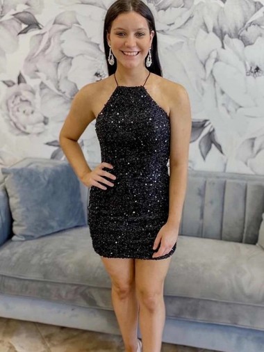 Site de Curto Sem Mangas Lantejoulas Veludo Preto Bainha Sem Mangas Vestidos de Festa