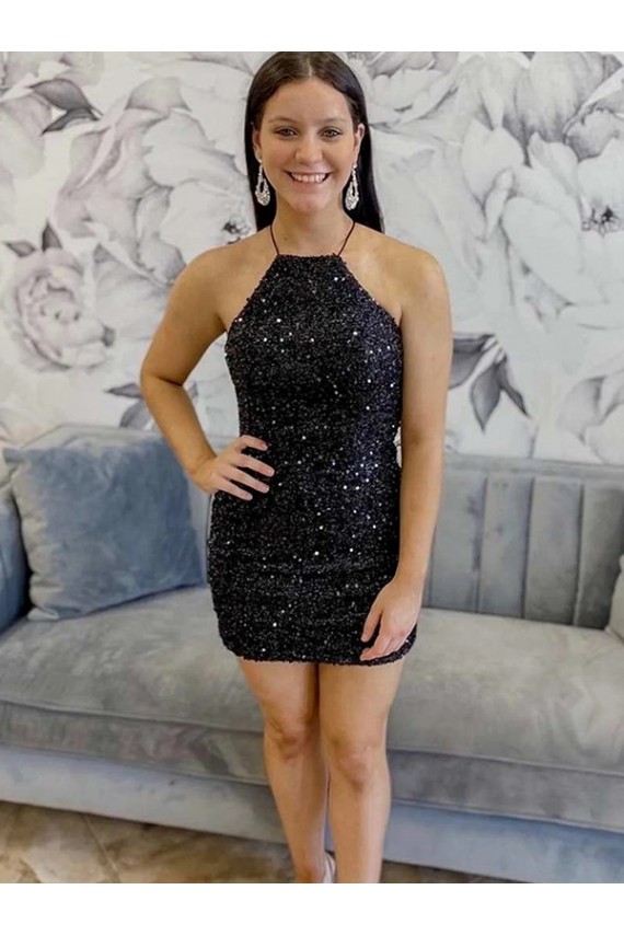 Site de Curto Sem Mangas Lantejoulas Veludo Preto Bainha Sem Mangas Vestidos de Festa