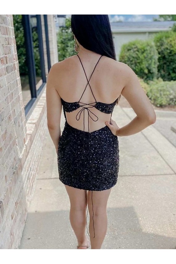 Site de Curto Sem Mangas Lantejoulas Veludo Preto Bainha Sem Mangas Vestidos de Festa