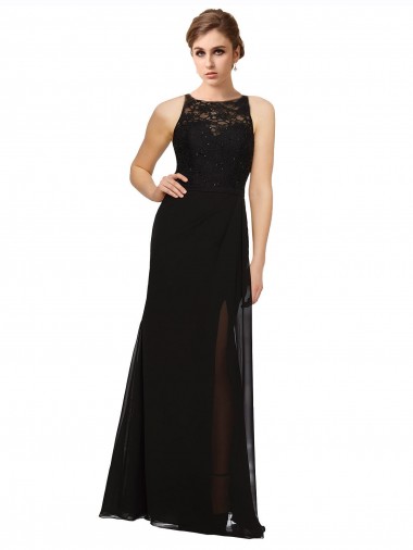 Site de Comprimento Chão Sem Mangas Chiffon & Renda Preto Bainha Vestidos de Madrinha