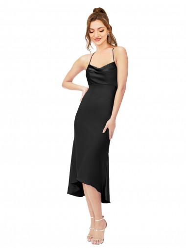 Site de Alto Baixo Sem Mangas Cetim Sedoso Preto Bainha Vestidos de Madrinha / Vestidos de Noite / Vestidos de Festa