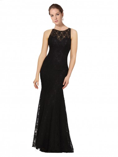 Site de Comprimento Chão Sem Mangas Renda Preto Bainha Vestidos de Madrinha