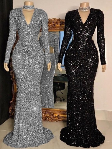 Site de Comboio Varredela Mangas Compridas Lantejoulas Veludo Preto Bainha Mangas Compridas Vestidos de Festa