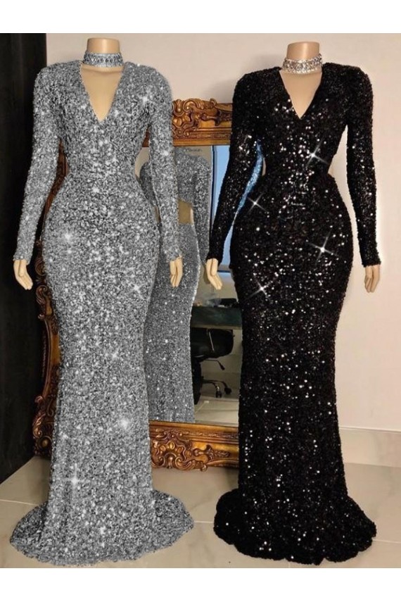 Site de Comboio Varredela Mangas Compridas Lantejoulas Veludo Preto Bainha Mangas Compridas Vestidos de Festa