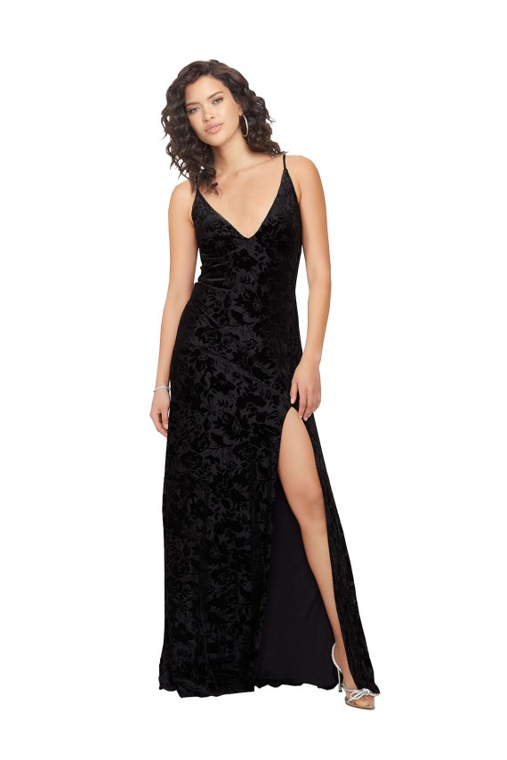 Site de Comprimento Chão Sem Mangas Veludo Floral & Veludo Elástico Preto Bainha Vestidos de Madrinha