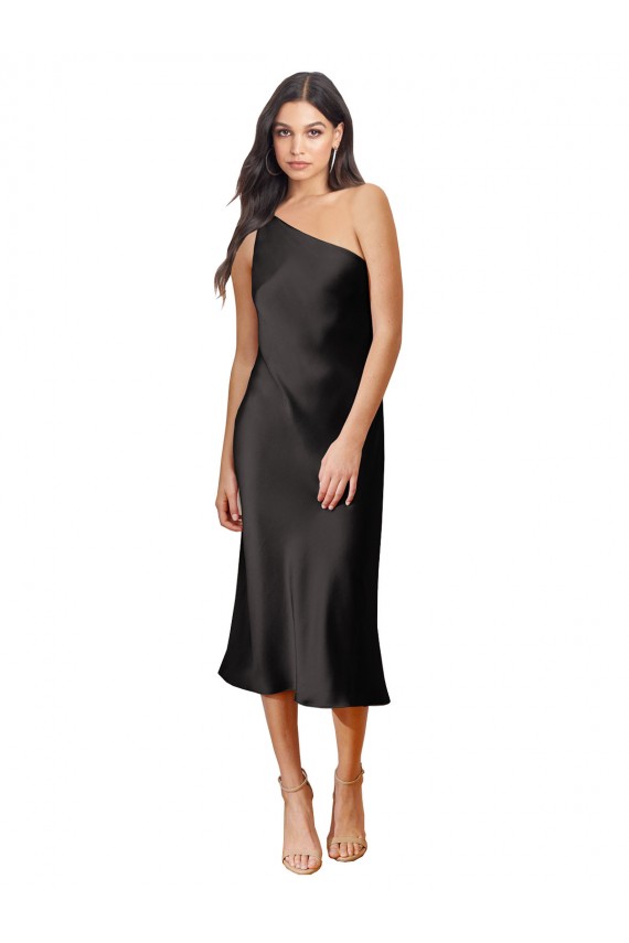 Site de Comprimento Midi Sem Mangas Cetim Elástico Preto Bainha Vestidos de Madrinha / Vestidos de Noite / Vestidos de Festa