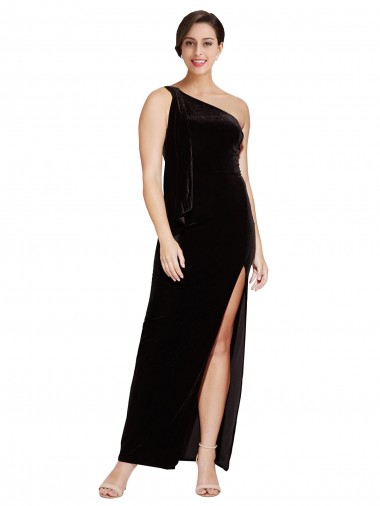 Site de Comprimento Chão Sem Mangas Veludo Elástico Preto Bainha Vestidos de Madrinha / Vestidos de Noite / Vestidos de Festa