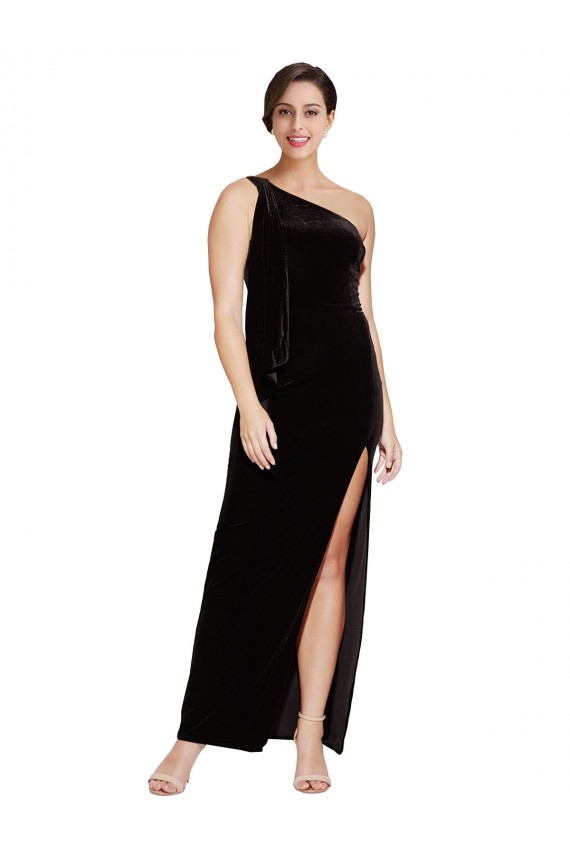Site de Comprimento Chão Sem Mangas Veludo Elástico Preto Bainha Vestidos de Madrinha / Vestidos de Noite / Vestidos de Festa