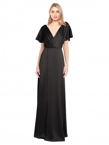 Site de Comprimento Chão Mangas Curtas Cetim Elástico Preto Linha A Vestidos de Madrinha / Vestidos de Noite / Vestidos de Festa