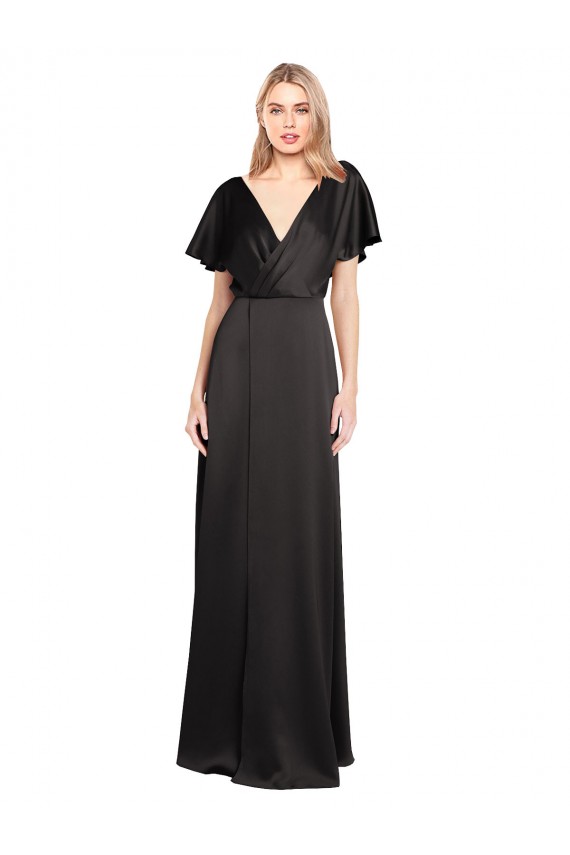Site de Comprimento Chão Mangas Curtas Cetim Elástico Preto Linha A Vestidos de Madrinha / Vestidos de Noite / Vestidos de Festa