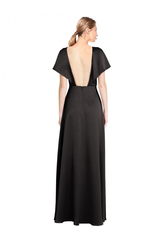 Site de Comprimento Chão Mangas Curtas Cetim Elástico Preto Linha A Vestidos de Madrinha / Vestidos de Noite / Vestidos de Festa