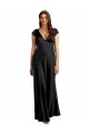 Site de Comprimento Chão Mangas Curtas Cetim Elástico Preto Linha A Mangas Curtas Vestidos de Madrinha / Vestidos de Noite / Vestidos de Festa
