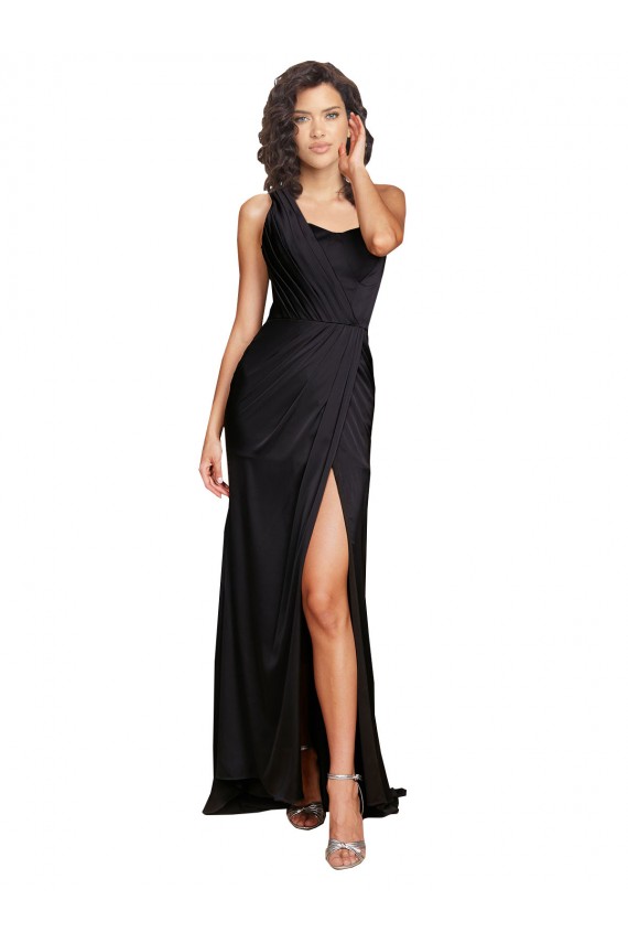 Site de Comprimento Chão Sem Mangas Cetim Sedoso Preto Linha A Sem Mangas Um Ombro Vestidos de Madrinha / Vestidos de Noite / Vestidos de Festa