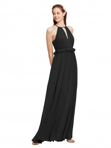 Site de Comprimento Chão Sem Mangas Chiffon Preto Bainha Sem Mangas Cabeçada Vestidos de Madrinha