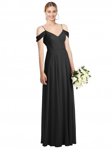 Site de Comprimento Chão Ombro Frio Chiffon Preto Linha A Vestidos de Madrinha
