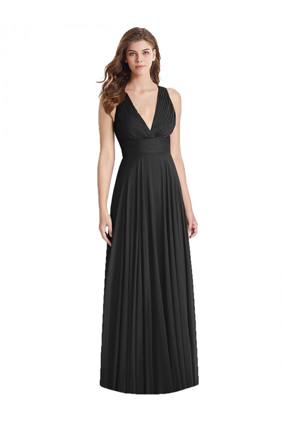 Site de Comprimento Chão Sem Mangas Chiffon Preto Linha A Sem Mangas Decote V Vestidos de Madrinha
