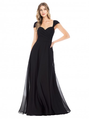 Site de Comprimento Chão Mangas Curtas Chiffon Preto Linha A Vestidos de Madrinha