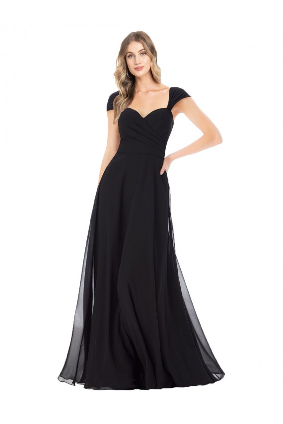 Site de Comprimento Chão Mangas Curtas Chiffon Preto Linha A Vestidos de Madrinha